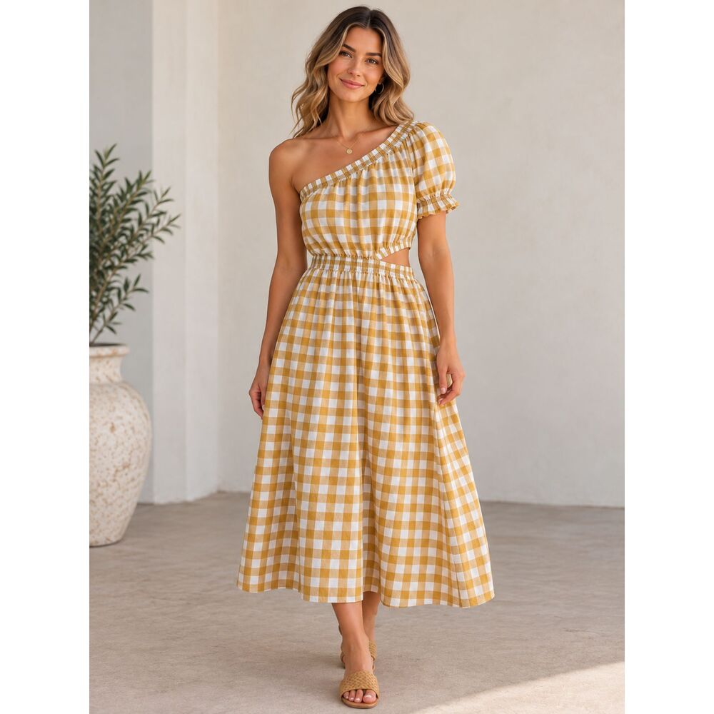 Who What Wear Dress M Mustard Gingham One Shoulder Cutout Puff Sleeve Midi